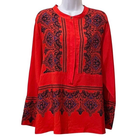 J. Crew Asian Inspired Paisley Henley Tunic Top Size XL Red Long Sleeve - Picture 1 of 11